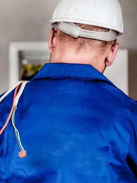 Électricien vu de dos, en bleu de travail et casque blanc