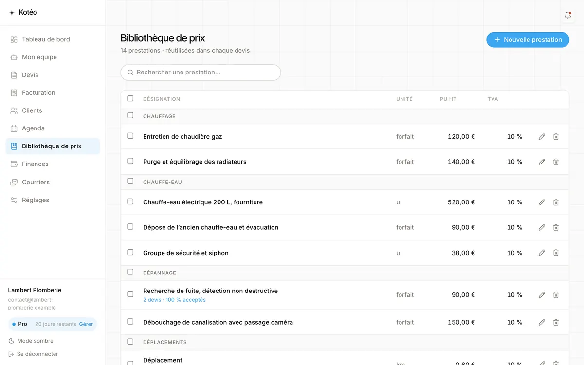 Écran de l’application sur ordinateur : la bibliothèque de prix classée par catégorie.