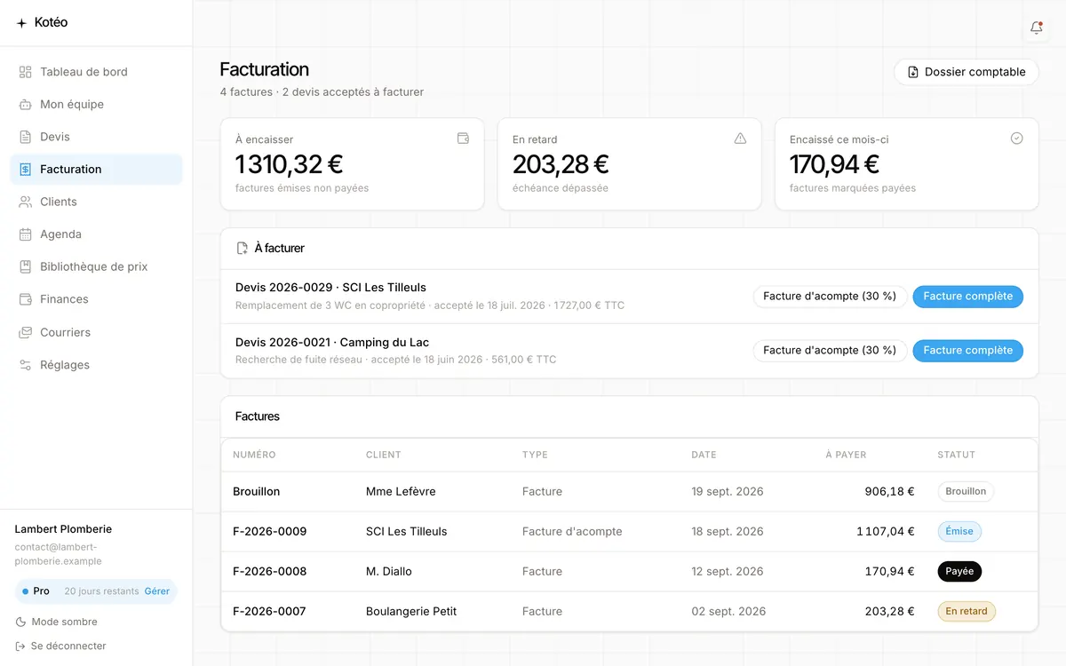 Écran de l’application sur ordinateur : la liste des factures avec les montants à encaisser, en retard et encaissés.