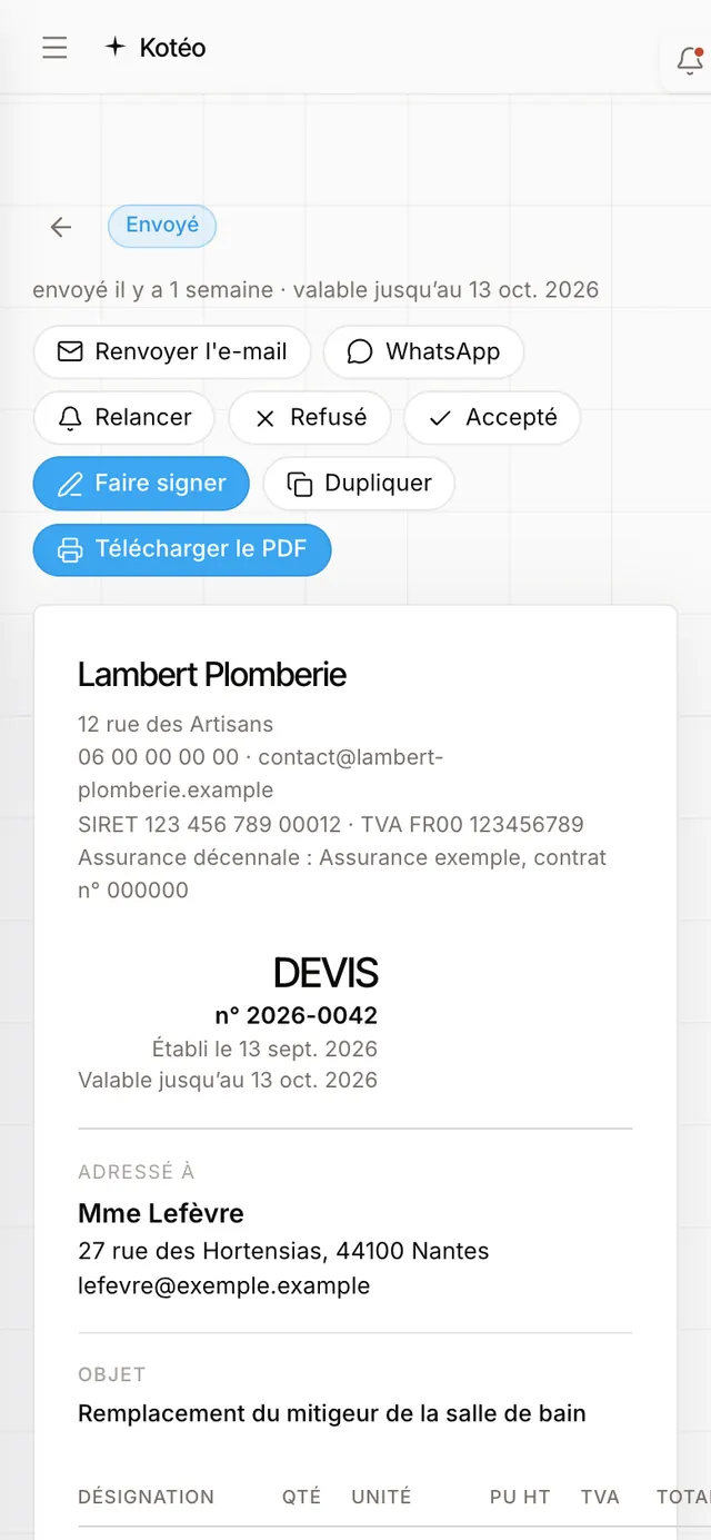 Écran de l’application : le devis envoyé, avec les boutons pour relancer et faire signer.