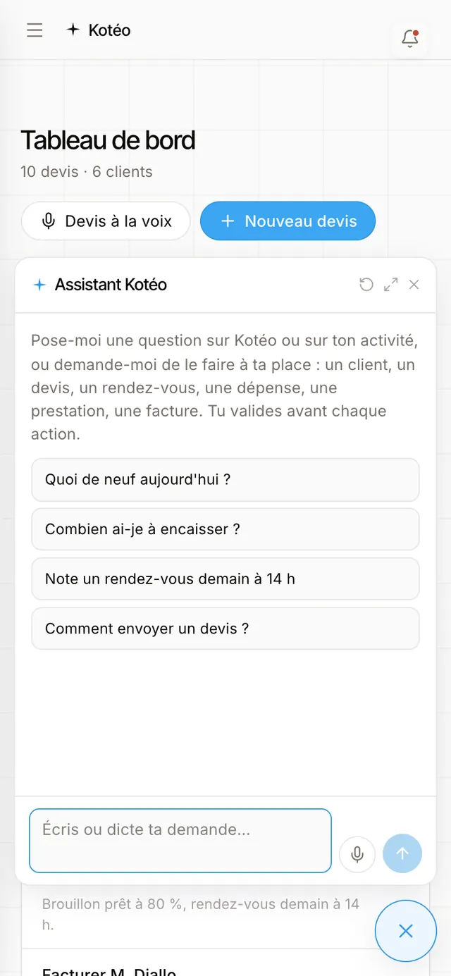 Écran de l’application : la bulle d’aide ouverte, avec des questions à poser.