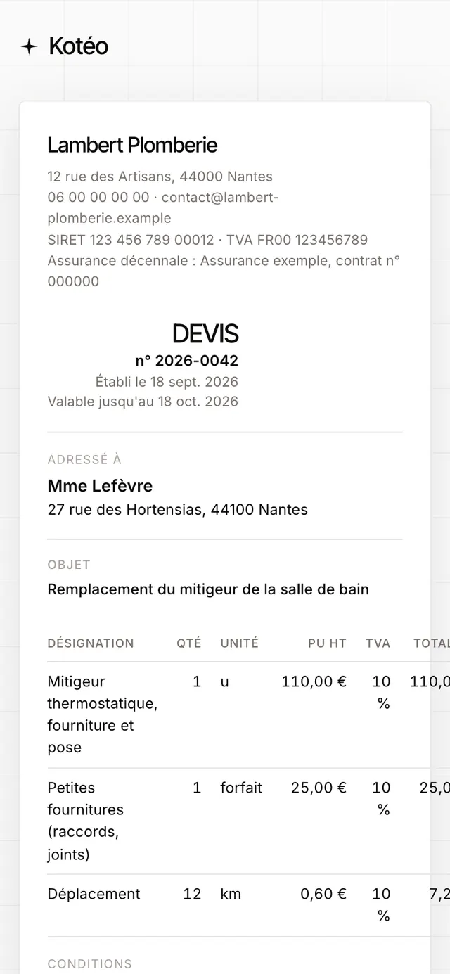 Ce que voit le client sur son téléphone : le devis, avec les boutons Accepter et Refuser.