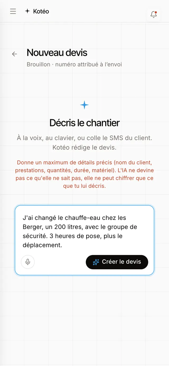 Écran de l’application : « Décris le chantier », avec une description déjà saisie.