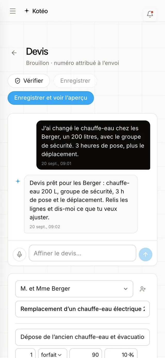 Écran de l’application : la conversation avec Kotéo et le devis à relire.