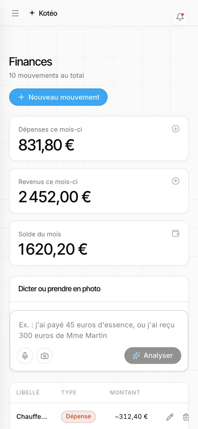 Écran de l’application : dépenses, revenus et solde du mois, avec la saisie d’une dépense.