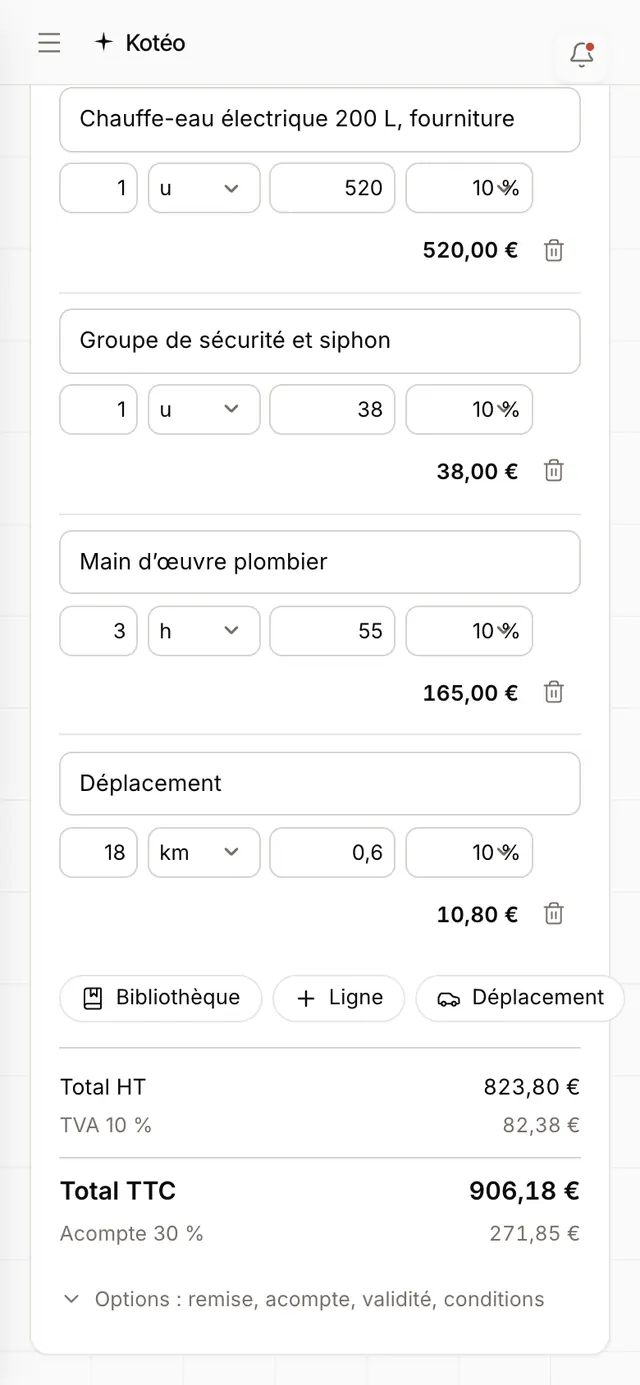 Écran de l’application : les lignes d’un devis avec quantités, prix, TVA et totaux.